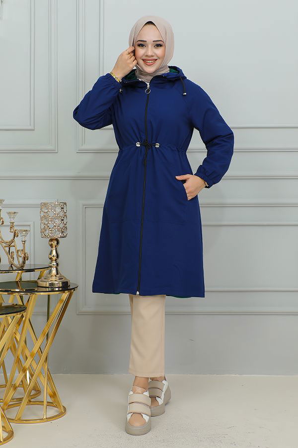 Belden Bağlamalı Kapşonlu Trençkot-1905 İndigo