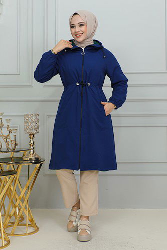 Belden Bağlamalı Kapşonlu Trençkot-1905 İndigo - Thumbnail