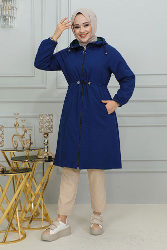 Belden Bağlamalı Kapşonlu Trençkot-1905 İndigo - Thumbnail