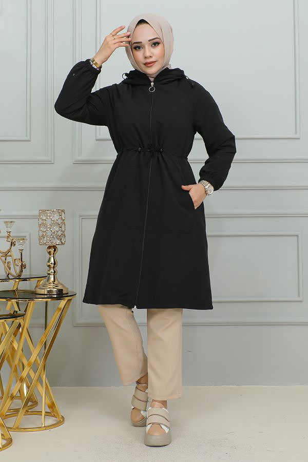 Belden Bağlamalı Kapşonlu Trençkot-1905 Siyah