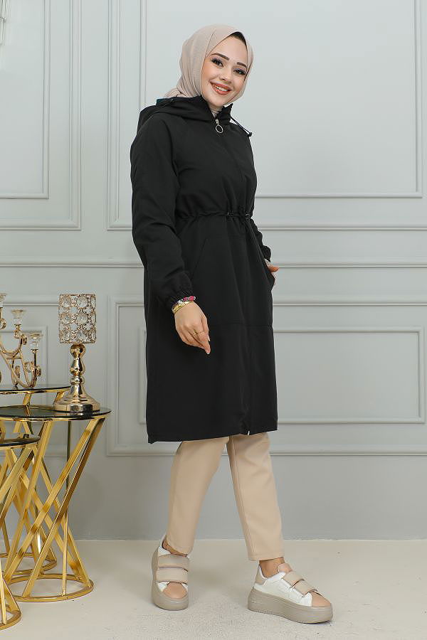 Belden Bağlamalı Kapşonlu Trençkot-1905 Siyah