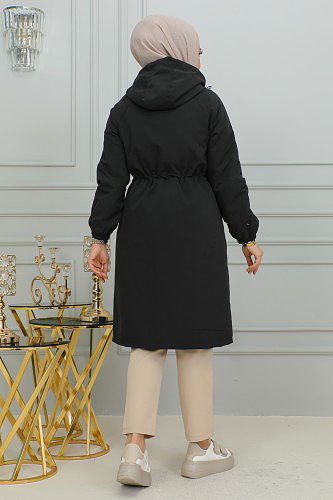 Belden Bağlamalı Kapşonlu Trençkot-1905 Siyah - Thumbnail