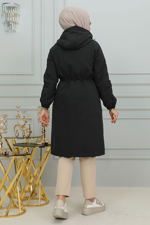 Belden Bağlamalı Kapşonlu Trençkot-1905 Siyah