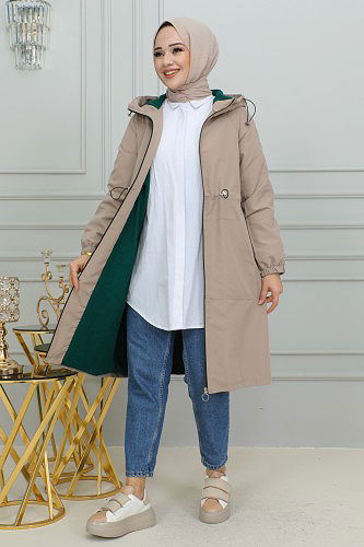 Belden Bağlamalı Kapşonlu Trençkot-1905 Vizon - Thumbnail