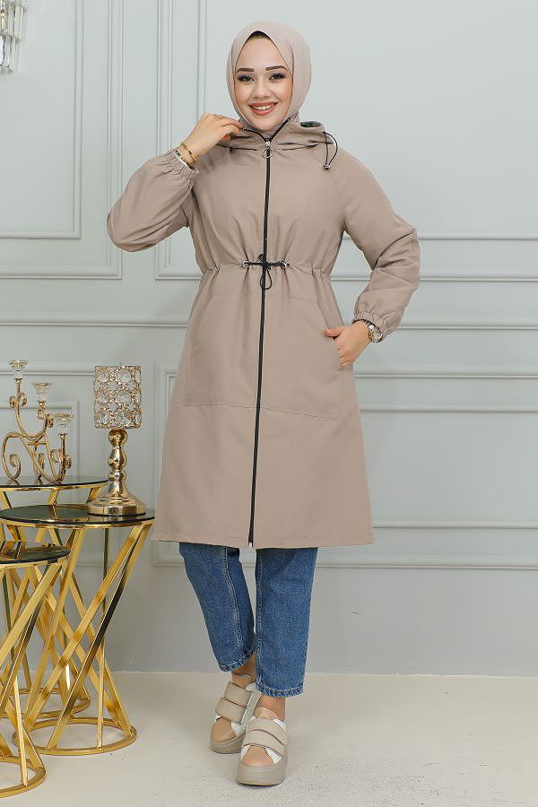 Belden Bağlamalı Kapşonlu Trençkot-1905 Vizon