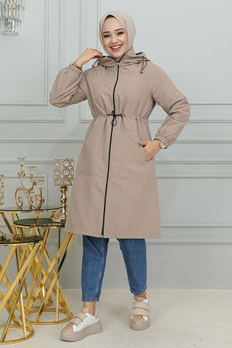 Belden Bağlamalı Kapşonlu Trençkot-1905 Vizon - Thumbnail