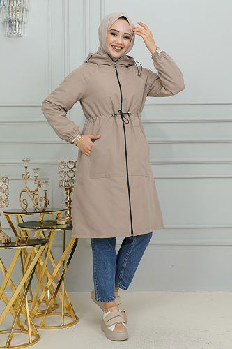 Belden Bağlamalı Kapşonlu Trençkot-1905 Vizon - Thumbnail