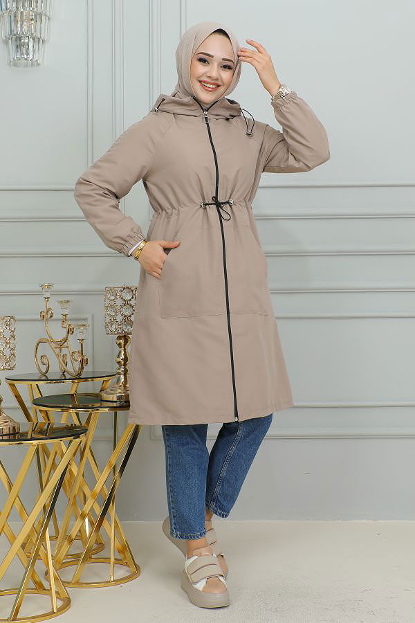 Belden Bağlamalı Kapşonlu Trençkot-1905 Vizon