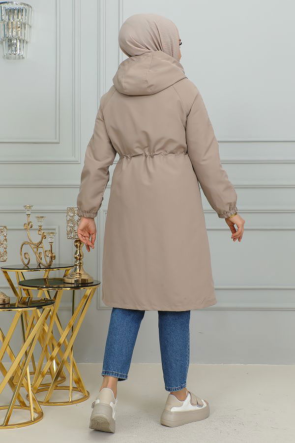 Belden Bağlamalı Kapşonlu Trençkot-1905 Vizon