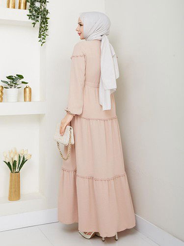 Belden Bağlamalı Tesettür Elbise-5071 Bej - Thumbnail