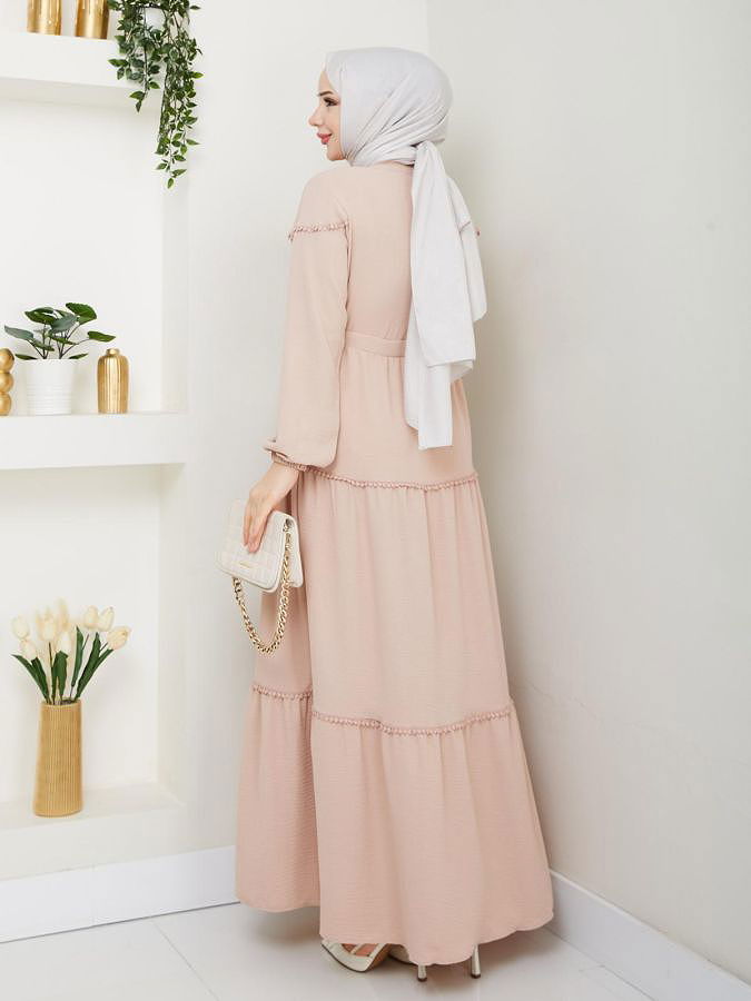 Belden Bağlamalı Tesettür Elbise-5071 Bej