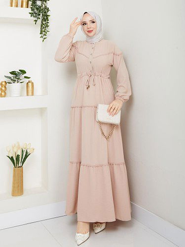 Belden Bağlamalı Tesettür Elbise-5071 Bej - Thumbnail