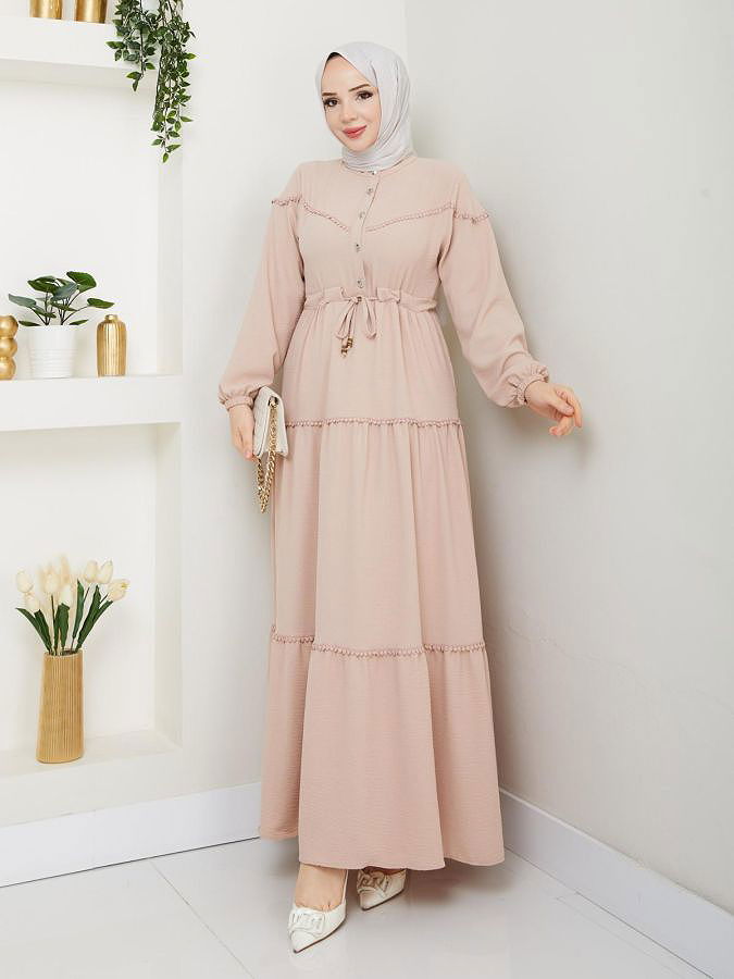 Belden Bağlamalı Tesettür Elbise-5071 Bej