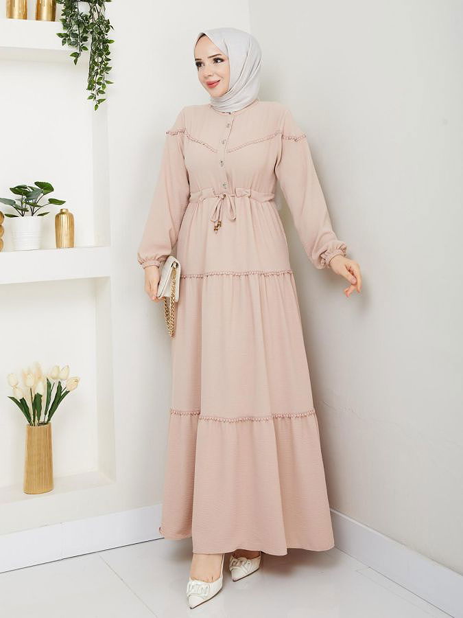 Belden Bağlamalı Tesettür Elbise-5071 Bej