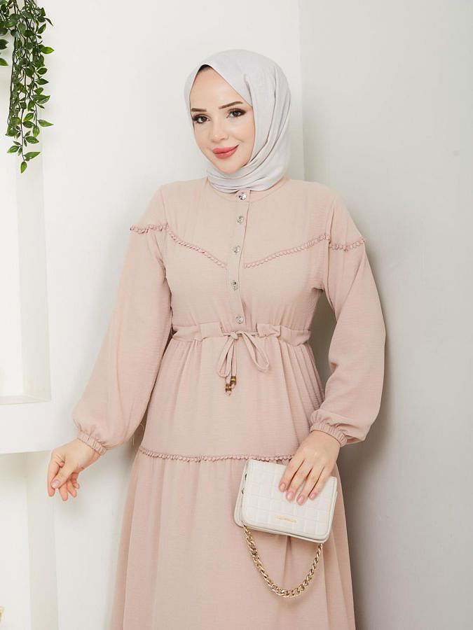 Belden Bağlamalı Tesettür Elbise-5071 Bej