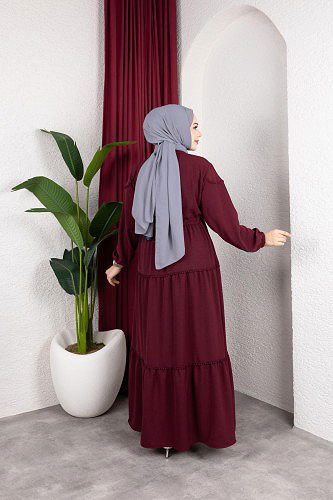 Belden Bağlamalı Tesettür Elbise-5071 Bordo - Thumbnail