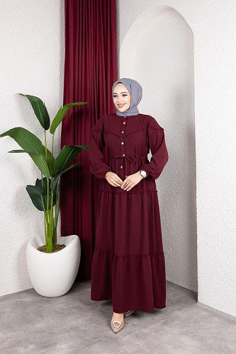Belden Bağlamalı Tesettür Elbise-5071 Bordo - Thumbnail