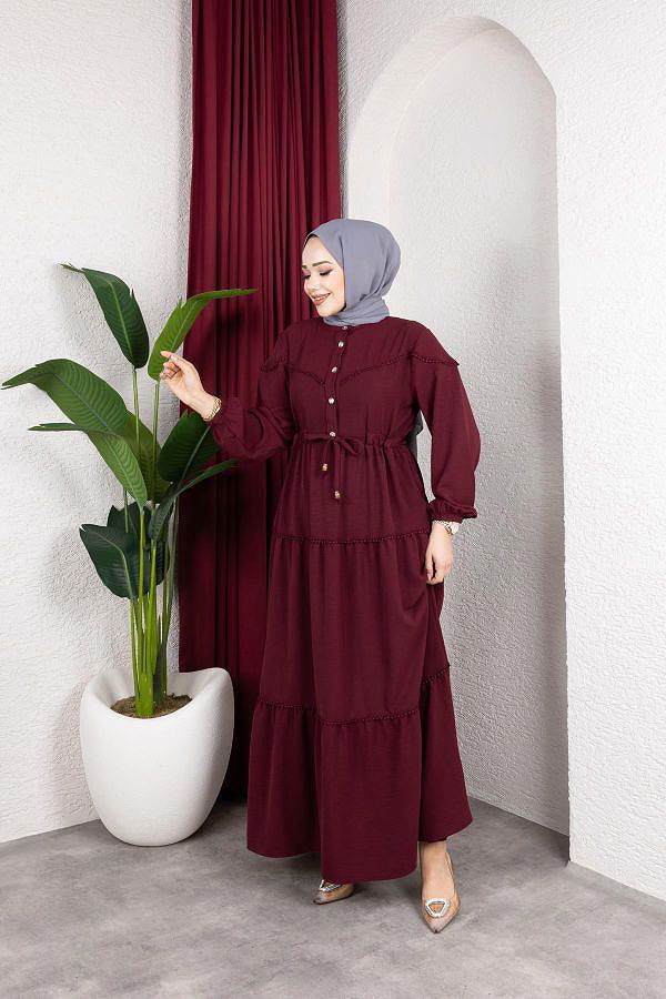 Belden Bağlamalı Tesettür Elbise-5071 Bordo