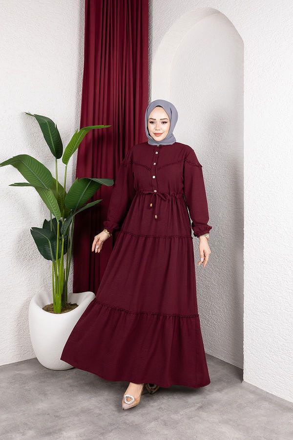 Belden Bağlamalı Tesettür Elbise-5071 Bordo