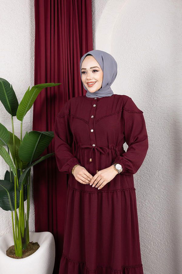 Belden Bağlamalı Tesettür Elbise-5071 Bordo