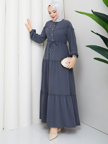 Belden Bağlamalı Tesettür Elbise-5071 Gri - Thumbnail