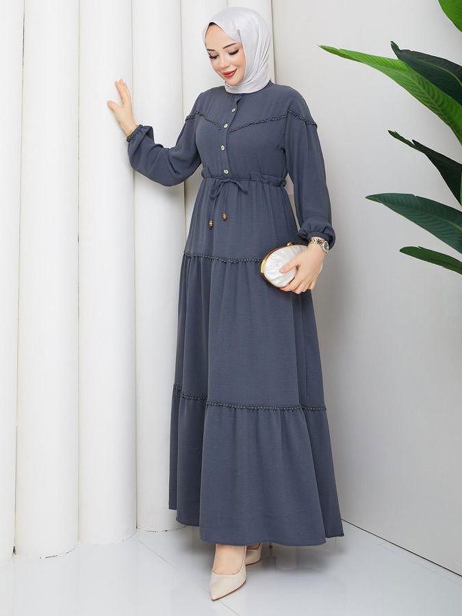 Belden Bağlamalı Tesettür Elbise-5071 Gri