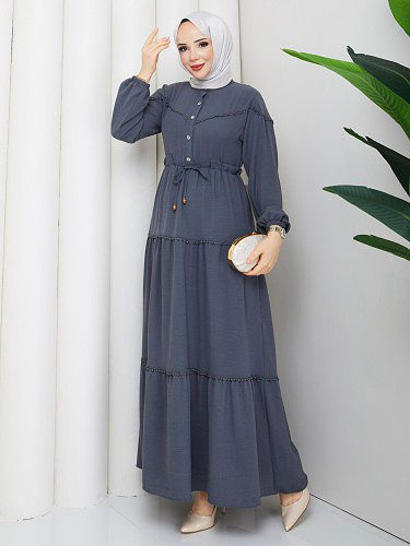 Modaebva - Belden Bağlamalı Tesettür Elbise-5071 Gri