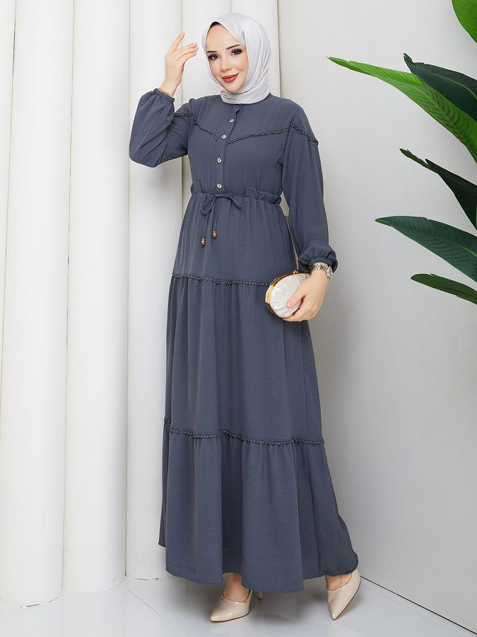 Belden Bağlamalı Tesettür Elbise-5071 Gri