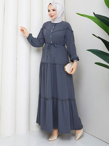 Belden Bağlamalı Tesettür Elbise-5071 Gri - Thumbnail