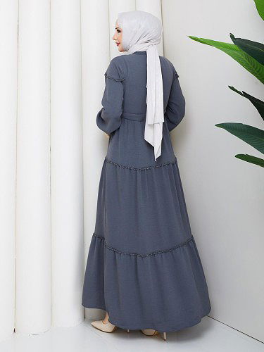 Belden Bağlamalı Tesettür Elbise-5071 Gri - Thumbnail