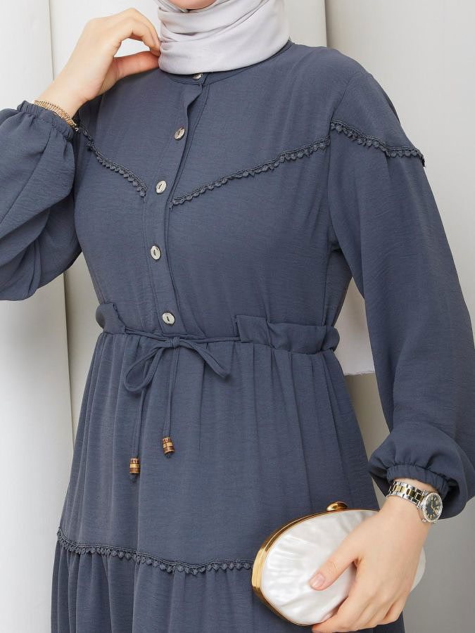 Belden Bağlamalı Tesettür Elbise-5071 Gri