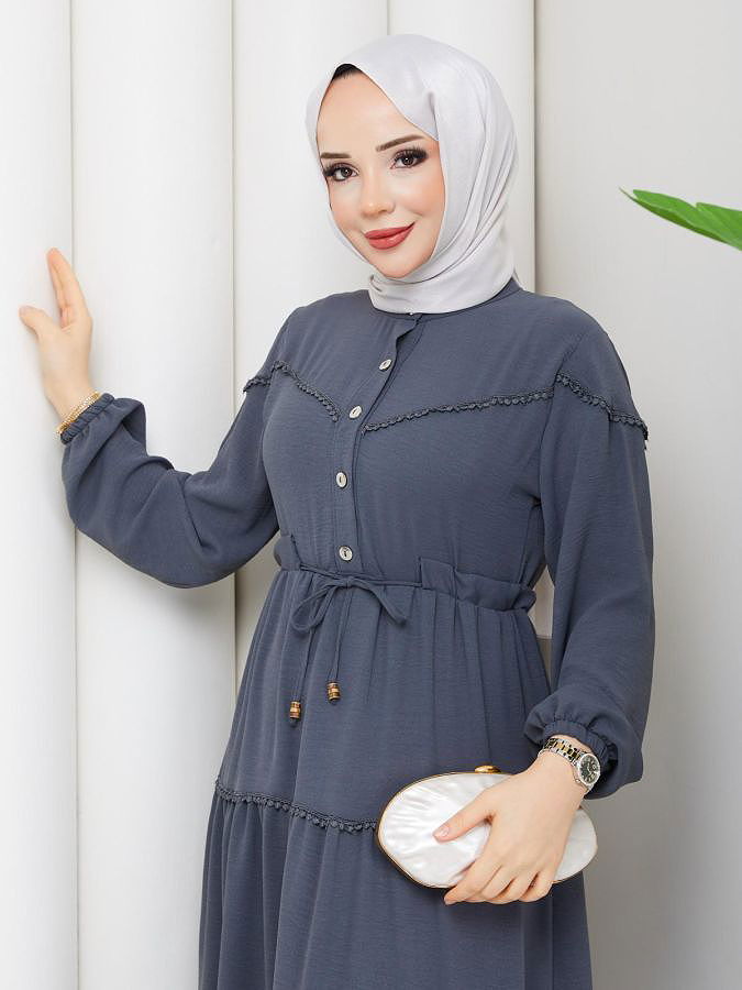 Belden Bağlamalı Tesettür Elbise-5071 Gri
