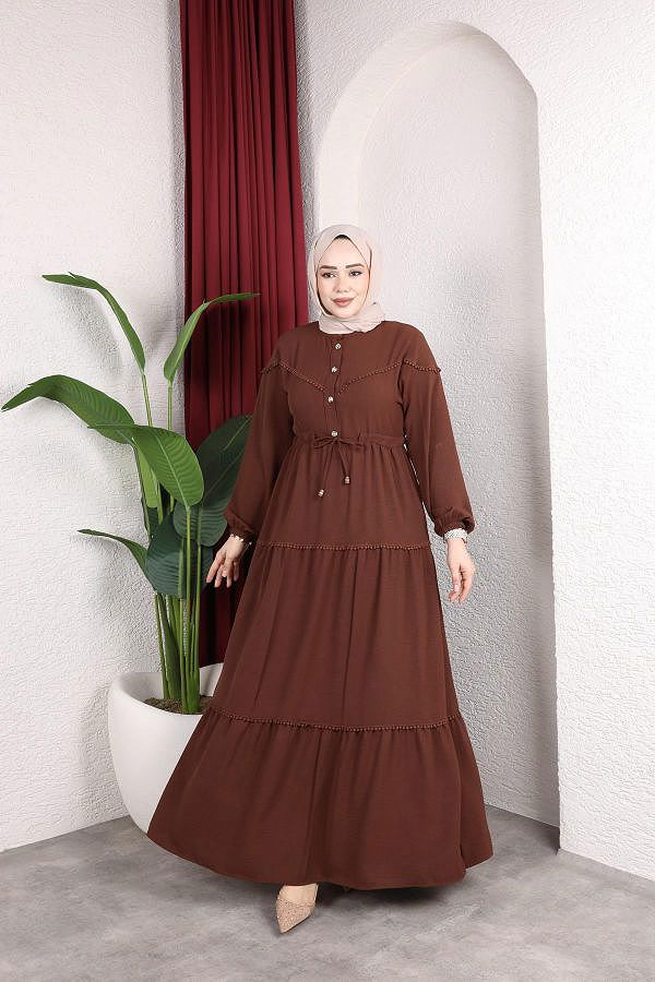 Belden Bağlamalı Tesettür Elbise-5071 Kahverengi