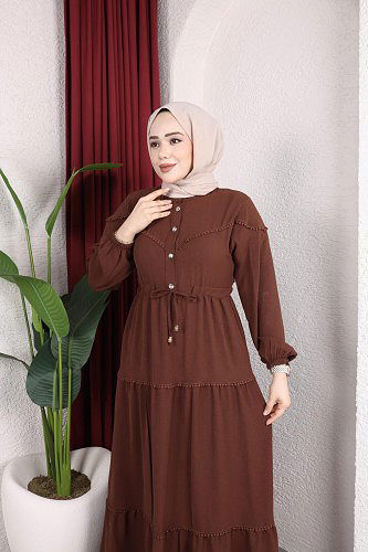 Belden Bağlamalı Tesettür Elbise-5071 Kahverengi - Thumbnail