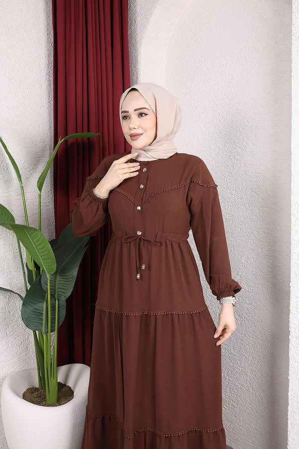 Belden Bağlamalı Tesettür Elbise-5071 Kahverengi