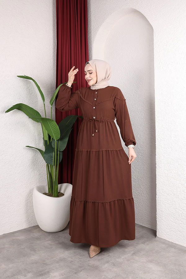 Belden Bağlamalı Tesettür Elbise-5071 Kahverengi