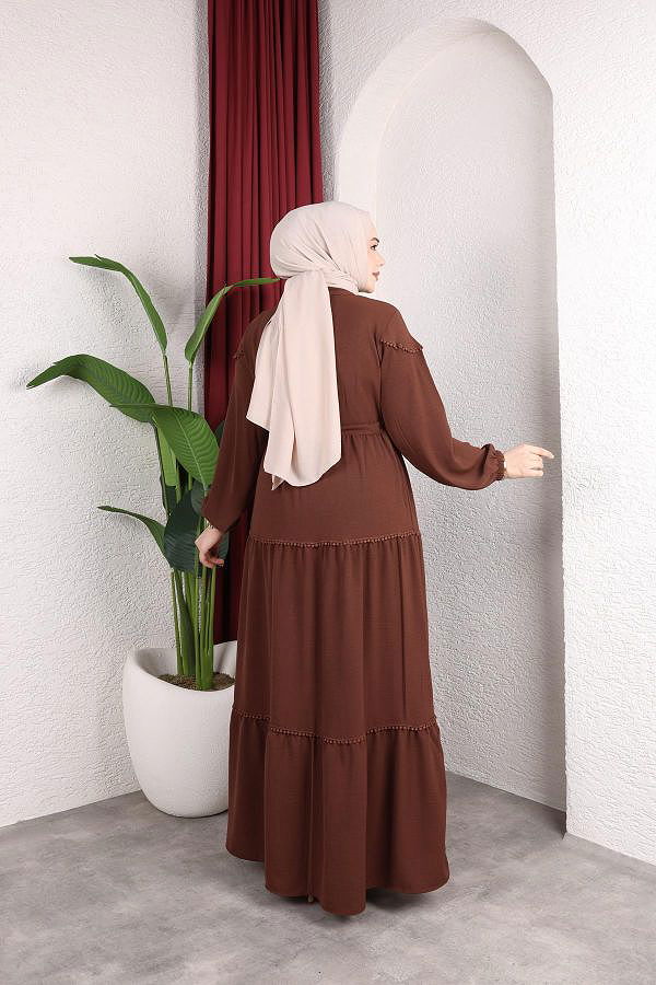 Belden Bağlamalı Tesettür Elbise-5071 Kahverengi