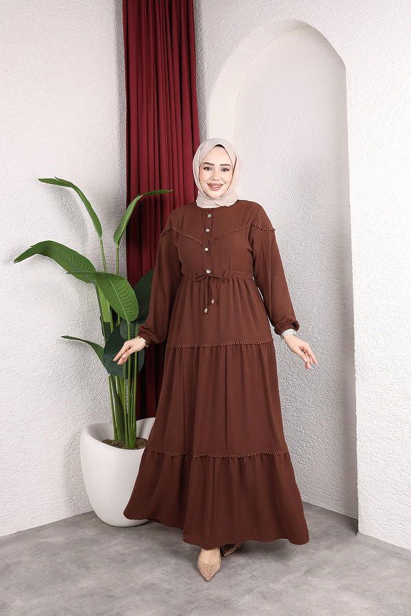 Belden Bağlamalı Tesettür Elbise-5071 Kahverengi