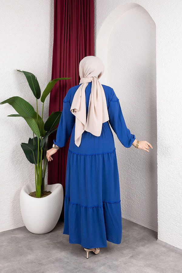 Belden Bağlamalı Tesettür Elbise-5071 Mavi