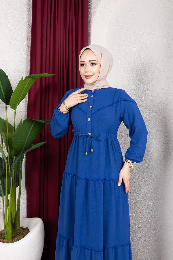 Belden Bağlamalı Tesettür Elbise-5071 Mavi