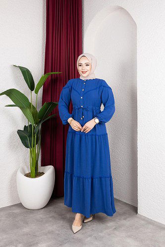 Belden Bağlamalı Tesettür Elbise-5071 Mavi - Thumbnail