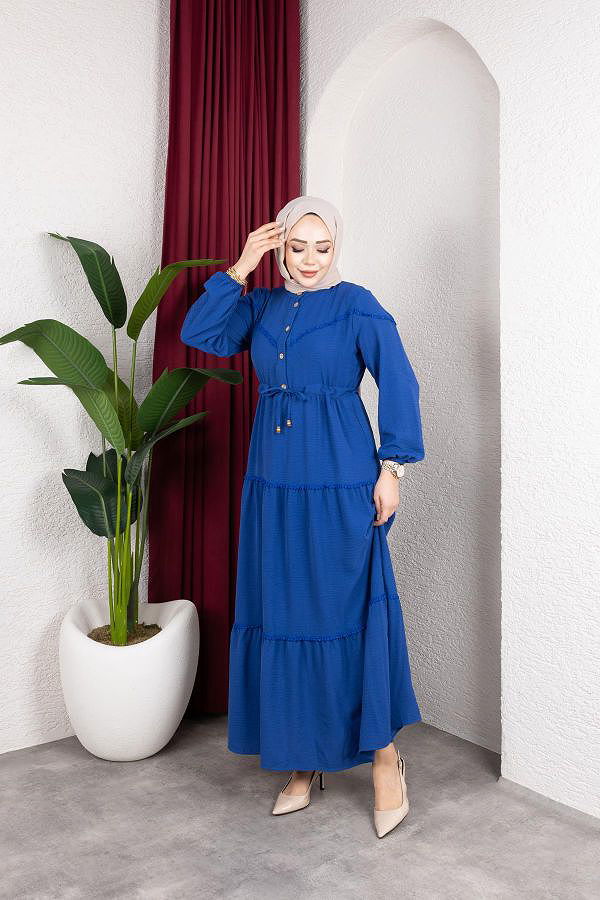 Belden Bağlamalı Tesettür Elbise-5071 Mavi