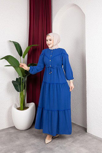 Modaebva - Belden Bağlamalı Tesettür Elbise-5071 Mavi
