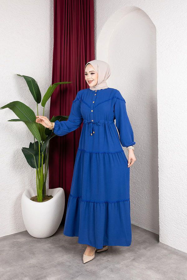 Belden Bağlamalı Tesettür Elbise-5071 Mavi