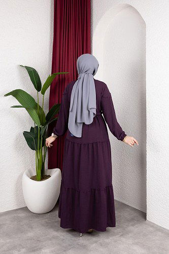 Belden Bağlamalı Tesettür Elbise-5071 Mor - Thumbnail