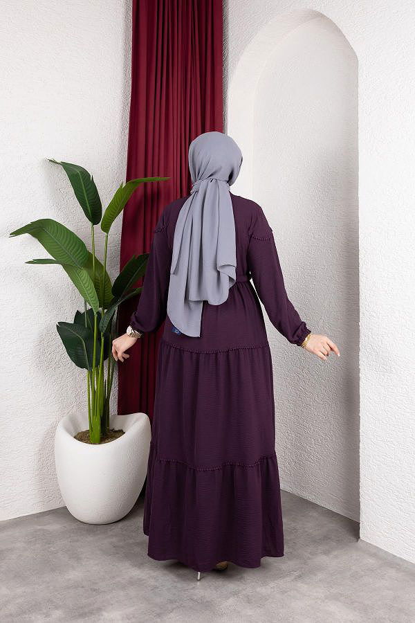Belden Bağlamalı Tesettür Elbise-5071 Mor