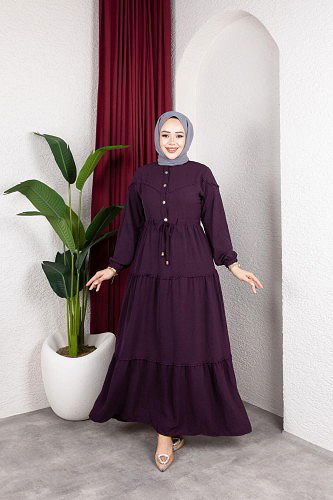 Modaebva - Belden Bağlamalı Tesettür Elbise-5071 Mor