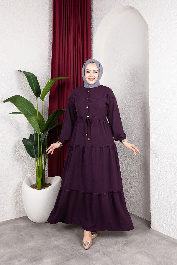 Belden Bağlamalı Tesettür Elbise-5071 Mor