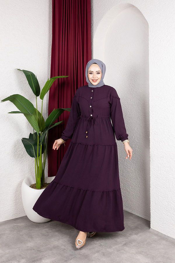 Belden Bağlamalı Tesettür Elbise-5071 Mor