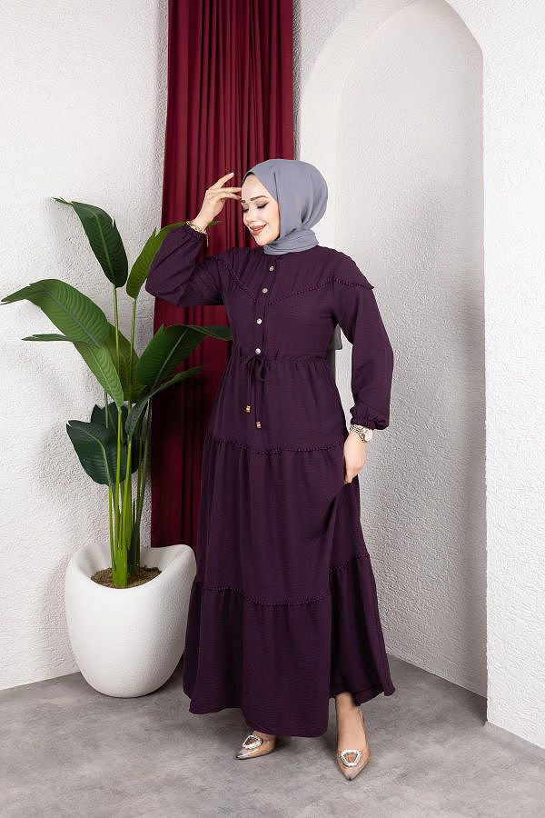 Belden Bağlamalı Tesettür Elbise-5071 Mor